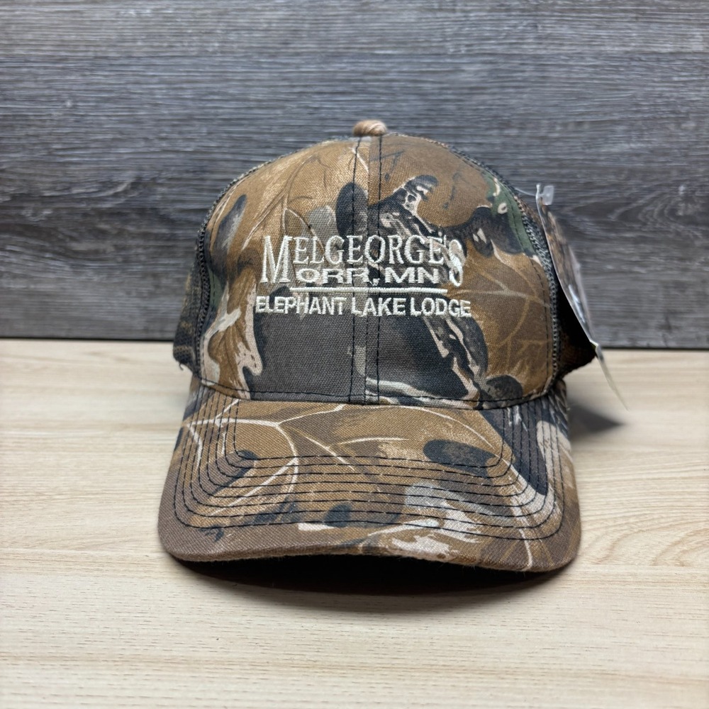 Melgeorges Elephant Lake Lodge Hat Cap Snap Back Camo Trucker MN Fishing NWT